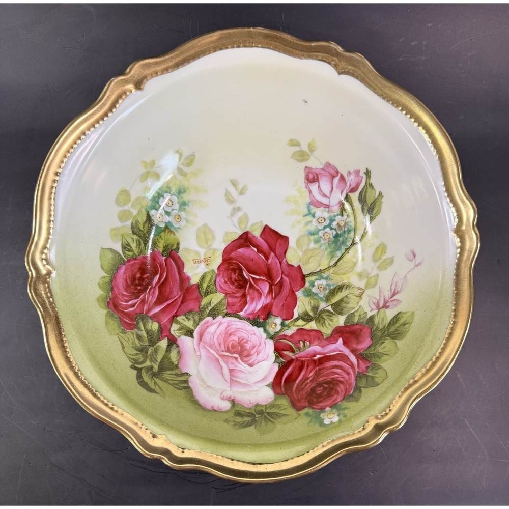 Vintage O.&E.G. Austria Rose Pompadour 9.5" Bowl Gold Trim Floral Gallery Wall
